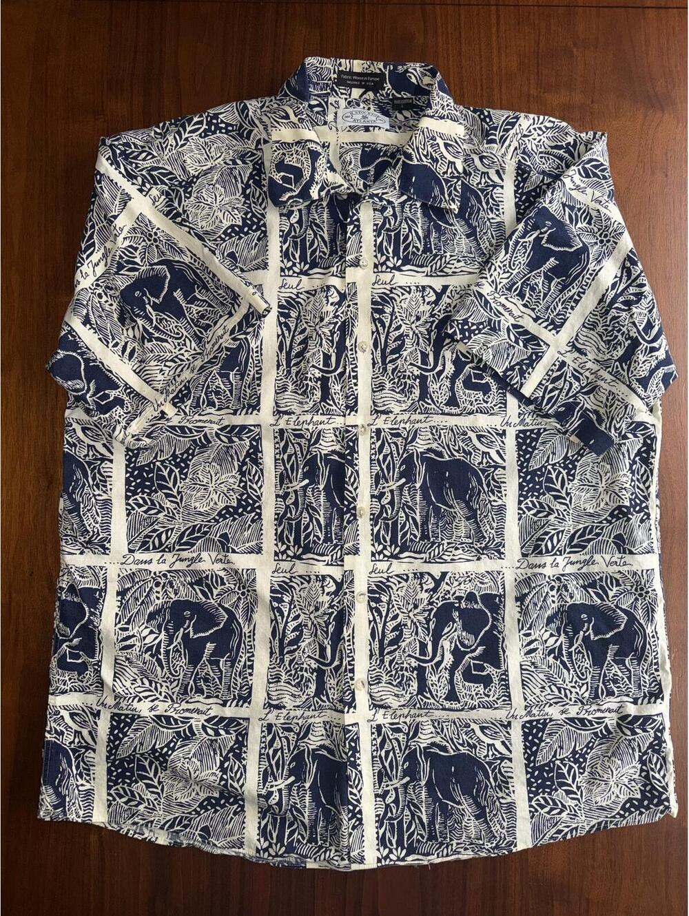 H. Stockton Atlanta Men's Short Sleeve Shirt Blue&White Elephant Print - Size L
